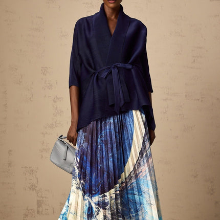 Savina Blue & Multicolor Top Dress Pattern Creased Cape Matching Set