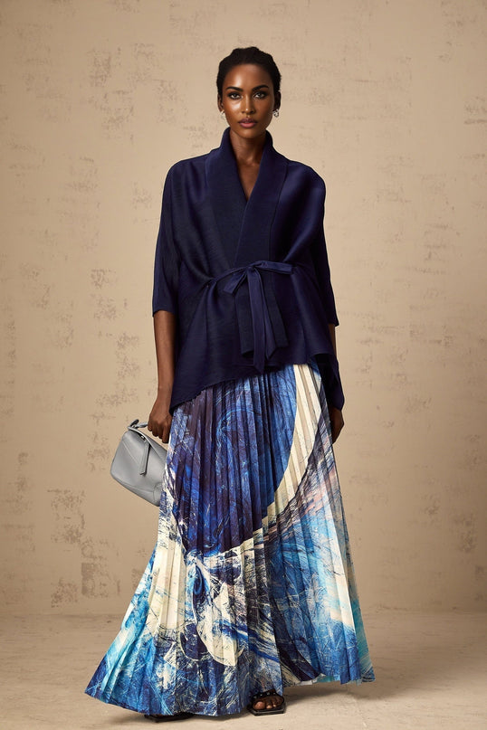 Savina Blue & Multicolor Top Dress Pattern Creased Cape Matching Set