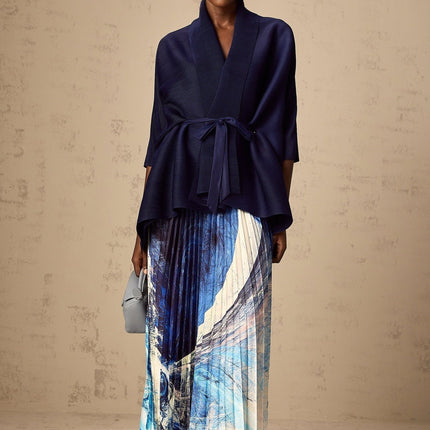 Savina Blue & Multicolor Top Dress Pattern Creased Cape Matching Set
