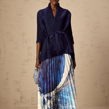 Savina Blue & Multicolor Top Dress Pattern Creased Cape Matching Set