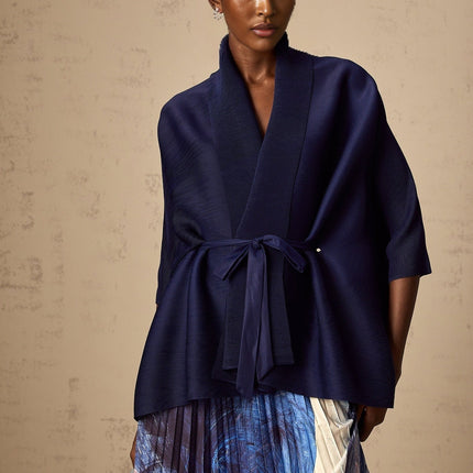 Savina Blue & Multicolor Top Dress Pattern Creased Cape Matching Set