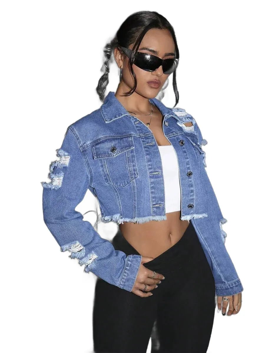 Savina Cropped Denim Jacket with Distressed Details in Blue - Blue