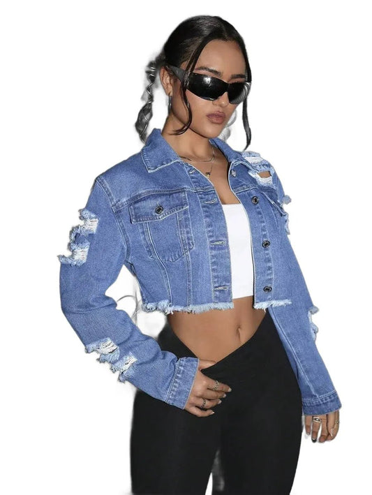 Savina Cropped Denim Jacket with Distressed Details in Blue - Blue