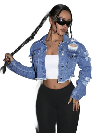 Savina Cropped Denim Jacket with Distressed Details in Blue - Blue