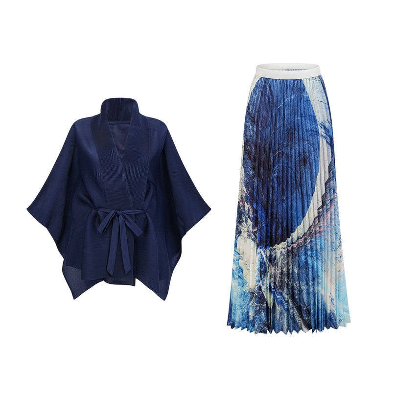 Savina Dark Blue & Multicolor Top Dress Pattern Creased Cape Matching Set