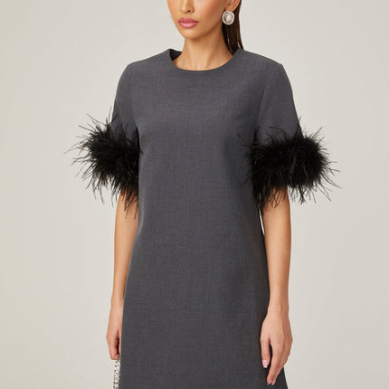 Savina Grey Feather Trim Mini Dress