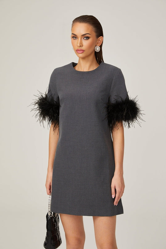 Savina Grey Feather Trim Mini Dress