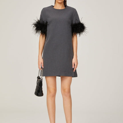 Savina Grey Feather Trim Mini Dress 100% Terylene Thigh-Length A-Line Silhouette Crew Neck Short Sleeves Rear Zip Fastening