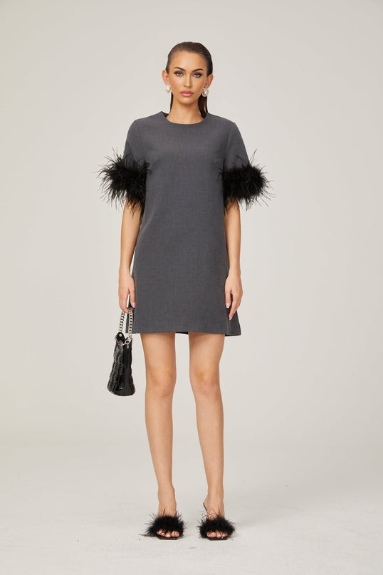 Savina Grey Feather Trim Mini Dress 100% Terylene Thigh-Length A-Line Silhouette Crew Neck Short Sleeves Rear Zip Fastening