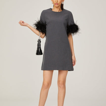 Savina Grey Feather Trim Mini Dress Terylene Thigh-Length Elegant