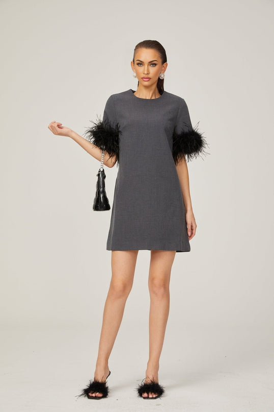 Savina Grey Feather Trim Mini Dress Terylene Thigh-Length Elegant