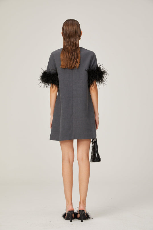 Savina Grey Feather Trim Mini Dress