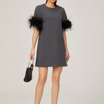 Savina Grey Feather Trim Mini Dress 100% Terylene Thigh-Length A-Line Silhouette Crew Neck Short Sleeves Rear Zip Fastening