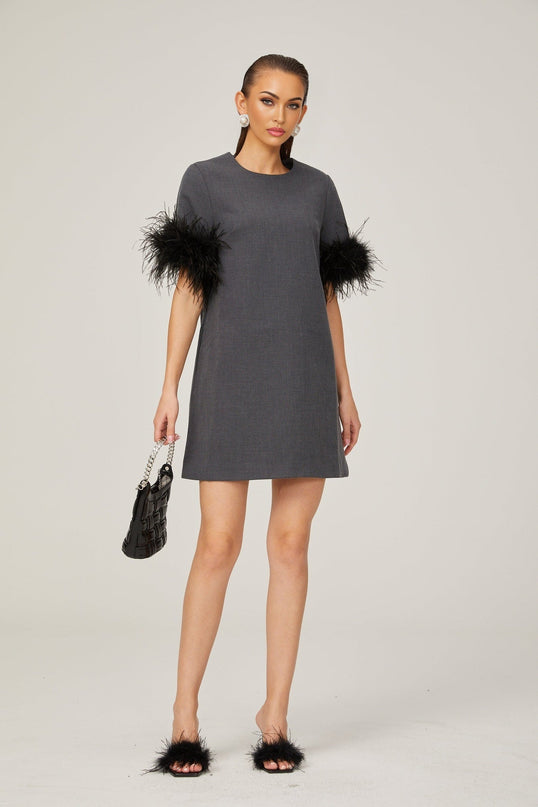 Savina Grey Feather Trim Mini Dress 100% Terylene Thigh-Length A-Line Silhouette Crew Neck Short Sleeves Rear Zip Fastening