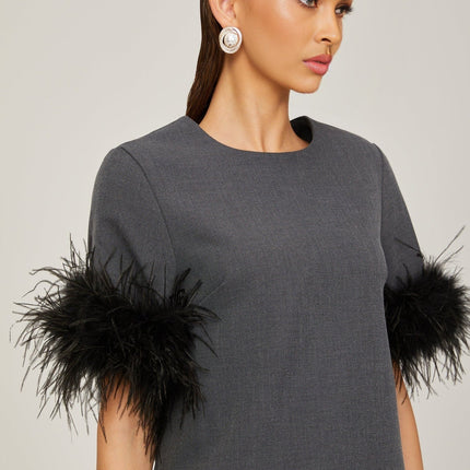 Savina Grey Feather Trim Mini Dress 100% Terylene Thigh-Length Cut