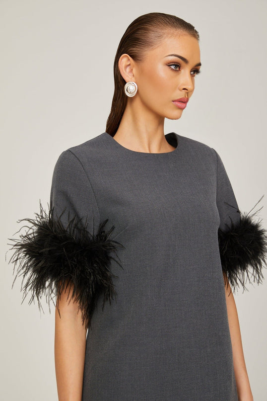 Savina Grey Feather Trim Mini Dress 100% Terylene Thigh-Length Cut