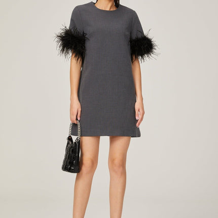 Savina Grey Feather Trim Mini Dress