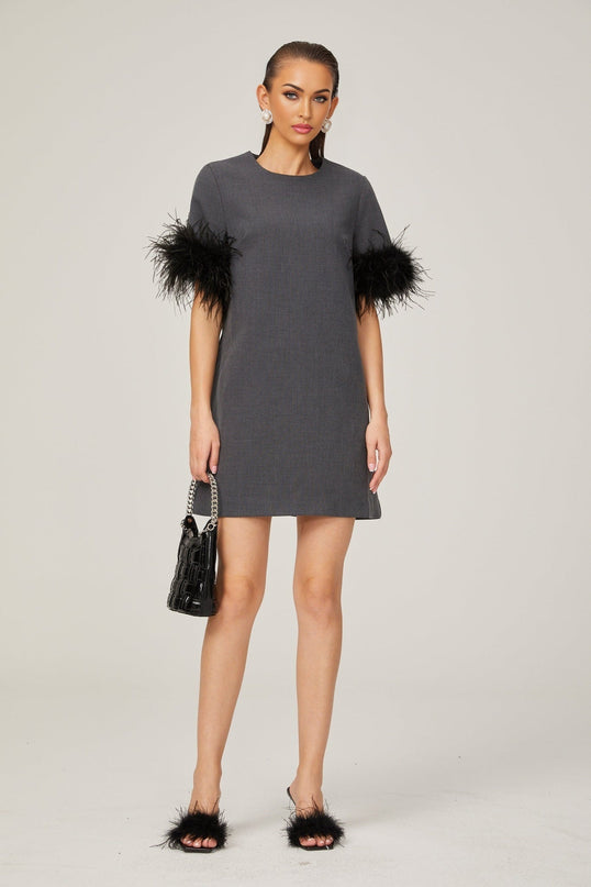 Savina Grey Feather Trim Mini Dress