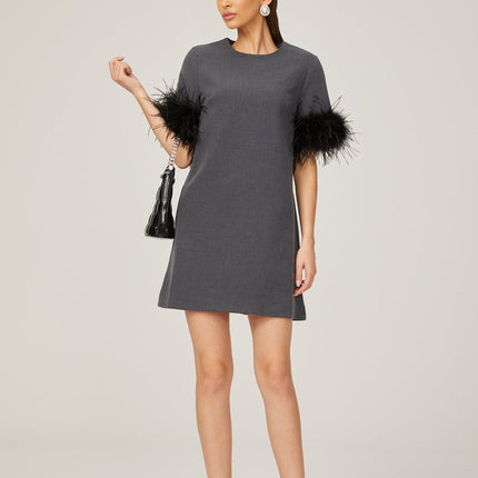 Savina Grey Feather Trim Mini Dress 100% Terylene Thigh-Length A-Line Silhouette