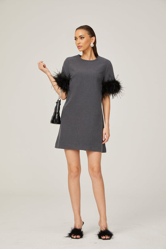 Savina Grey Feather Trim Mini Dress 100% Terylene Thigh-Length A-Line Silhouette