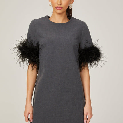Savina Grey Feather Trim Mini Dress