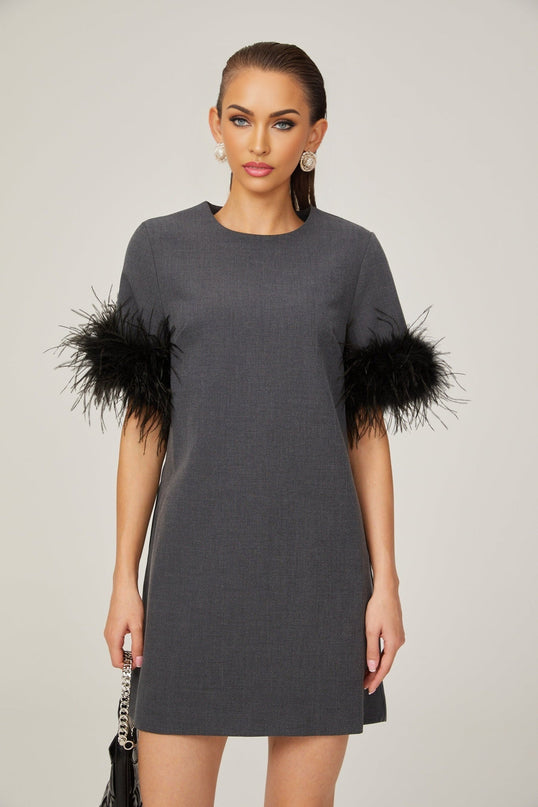 Savina Grey Feather Trim Mini Dress
