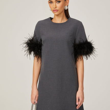 Savina Grey Feather Trim Mini Dress 100% Terylene Thigh-Length A-Line Silhouette Rear Zip Fastening Crew Neck Short Sleeves