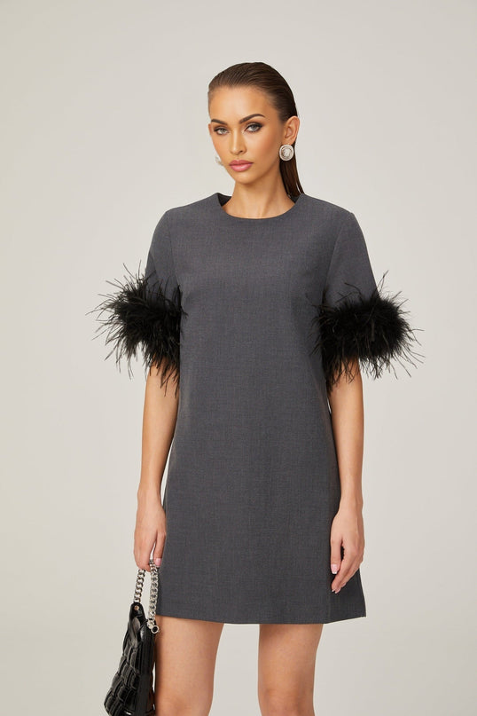 Savina Grey Feather Trim Mini Dress 100% Terylene Thigh-Length A-Line Silhouette Rear Zip Fastening Crew Neck Short Sleeves