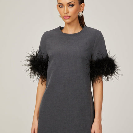 Savina Grey Feather Trim Mini Dress 100% Terylene Thigh-Length A-Line Silhouette Crew Neck Short Sleeves Rear Zip Fastening