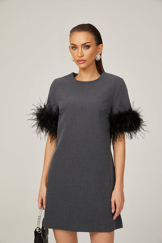 Savina Grey Feather Trim Mini Dress 100% Terylene Thigh-Length A-Line Silhouette Crew Neck Short Sleeves Rear Zip Fastening