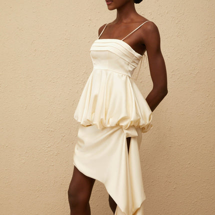 Savina Mini Dress Neutrals Square Neck Sleeveless Spaghetti Straps Peplum Waist Asymmetrical Scarf Design Satin Finish Side Zip Fastening Terylene Spandex