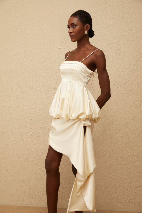 Savina Mini Dress Neutrals Square Neck Sleeveless Spaghetti Straps Peplum Waist Asymmetrical Scarf Design Satin Finish Side Zip Fastening Terylene Spandex
