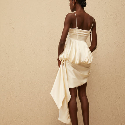 Savina Mini Dress in Neutrals square neck sleeveless spaghetti straps peplum waist asymmetrical scarf design lustrous satin finish side zip fastening 95% Terylene fiber 5% Spandex luxury comfort fashion connoisseur