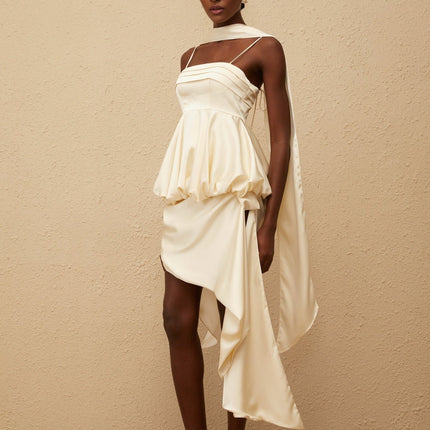 Savina Mini Dress in Neutrals square neck sleeveless spaghetti straps peplum waist asymmetrical scarf design satin finish side zip fastening Terylene Spandex luxury comfort fashion connoisseur