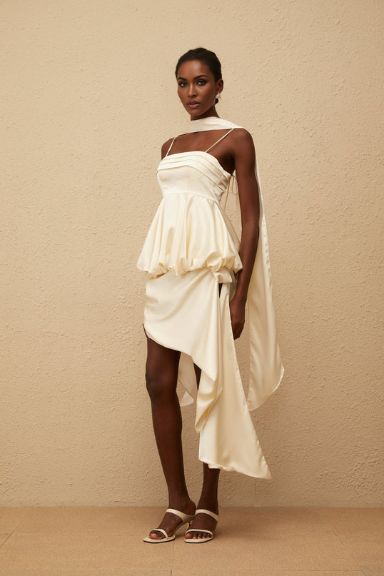 Savina Mini Dress in Neutrals square neck sleeveless spaghetti straps peplum waist asymmetrical scarf design satin finish side zip fastening Terylene Spandex luxury comfort fashion connoisseur
