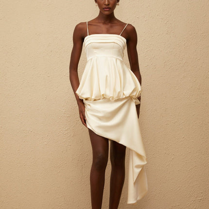 Savina Mini Dress in Neutrals square neck sleeveless spaghetti straps peplum waist asymmetrical scarf design lustrous satin finish side zip fastening Terylene Spandex luxury comfort fashion connoisseur