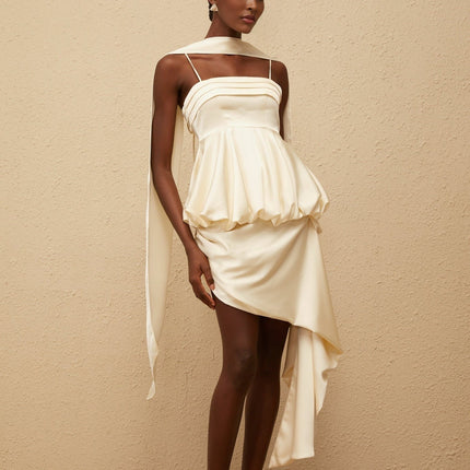Savina Mini Dress in Neutrals square neck sleeveless spaghetti straps peplum waist asymmetrical scarf design lustrous satin finish side zip fastening Terylene Spandex luxury comfort fashion connoisseur