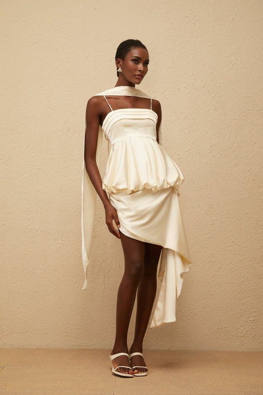 Savina Mini Dress in Neutrals square neck sleeveless spaghetti straps peplum waist asymmetrical scarf design lustrous satin finish side zip fastening Terylene Spandex luxury comfort fashion connoisseur
