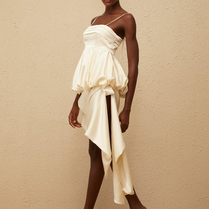 Savina Mini Dress in Neutrals square neck sleeveless spaghetti straps peplum waist asymmetrical scarf design satin finish side zip fastening Terylene Spandex luxury comfort fashion connoisseur