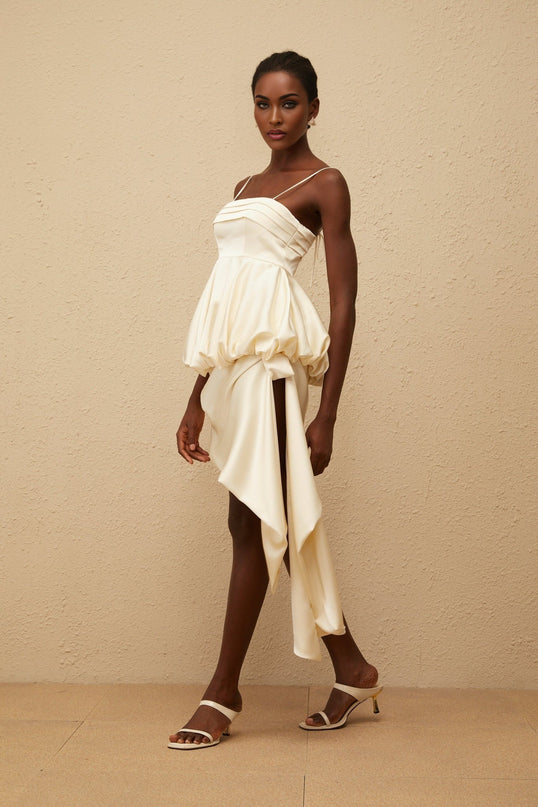 Savina Mini Dress in Neutrals square neck sleeveless spaghetti straps peplum waist asymmetrical scarf design satin finish side zip fastening Terylene Spandex luxury comfort fashion connoisseur