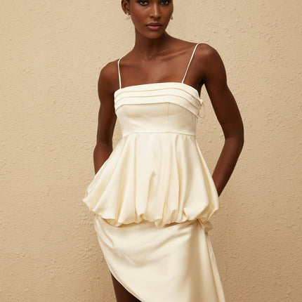 Savina Mini Dress in Neutrals square neck sleeveless spaghetti straps peplum waist asymmetrical scarf satin finish side zip fastening Terylene Spandex luxury comfort fashion connoisseur