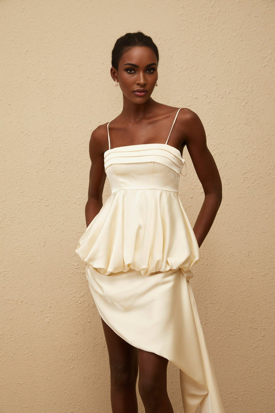 Savina Mini Dress in Neutrals square neck sleeveless spaghetti straps peplum waist asymmetrical scarf satin finish side zip fastening Terylene Spandex luxury comfort fashion connoisseur