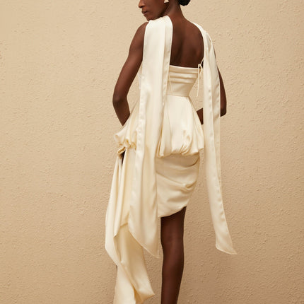 Savina Mini Dress in Neutrals square neck sleeveless spaghetti straps peplum waist asymmetrical scarf design satin finish side zip fastening Terylene Spandex luxury comfort fashion connoisseur