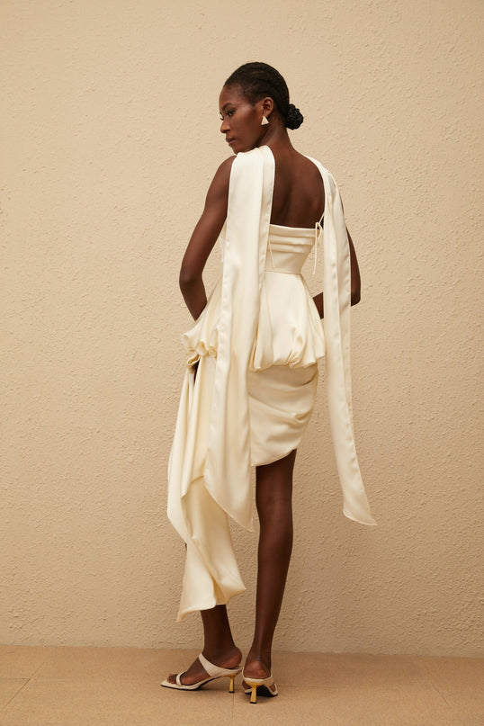 Savina Mini Dress in Neutrals square neck sleeveless spaghetti straps peplum waist asymmetrical scarf design satin finish side zip fastening Terylene Spandex luxury comfort fashion connoisseur