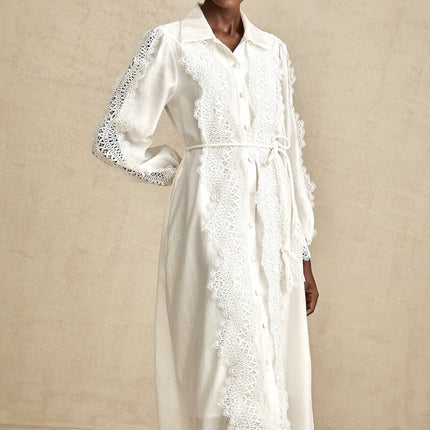 Savina White Lace Midi Dress with Cut-Out Detailing and Balloon Sleeves