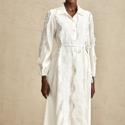 Savina White Lace Midi Dress with Cut-Out Detailing and Balloon Sleeves