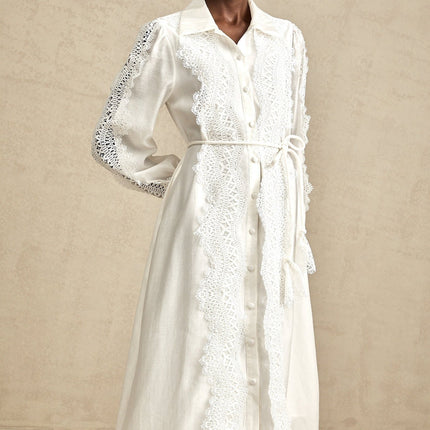 Savina White Lace Midi Dress with Cut-Out Detailing and Balloon Sleeves