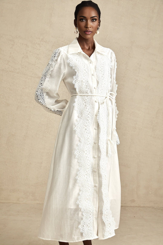 Savina White Lace Midi Dress with Cut-Out Detailing and Balloon Sleeves