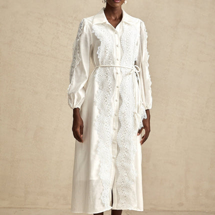 Savina White Lace Midi Dress with Cut-Out Detailing and Button Front