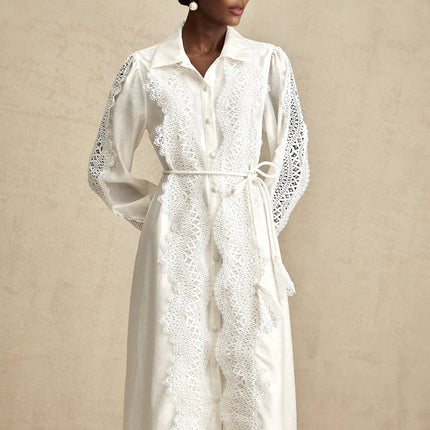 Savina White Lace Midi Dress with Cut-Out Detailing and Balloon Sleeves